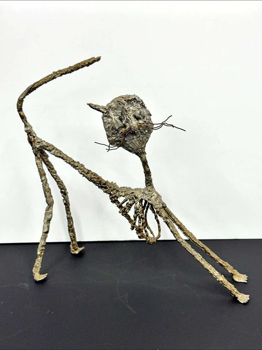 Vintage Brutalist Mixed Metal Skeletal Cat Sculpture – One-Eared Abstract Folk A